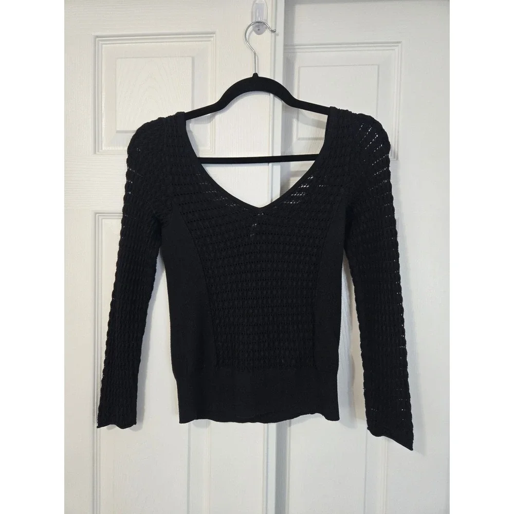 Free People Black Pointelle Open Knit Square Neck Long Sleeve Top Size Large